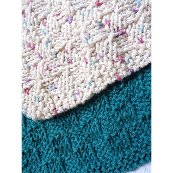 Handmade Knitted Dishcloths Washcloths 100% Cotton Set of 2 Teal Potpourri Ombre - Picture 3 of 3